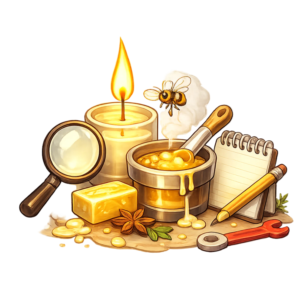 Illustration of a beehive with honey, a candle, a magnifying glass, and a notebook on a white background.