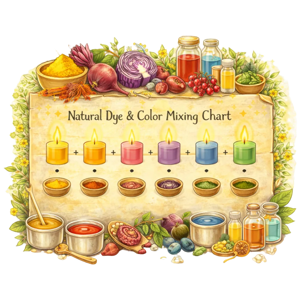 Illustration of a natural dye and color mixing chart with various ingredients and colored liquids.