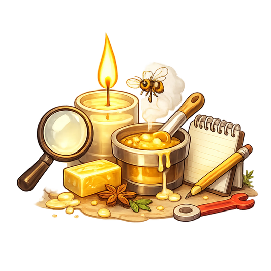 Illustration of a beehive with honey, a candle, a magnifying glass, and a notebook on a white background.