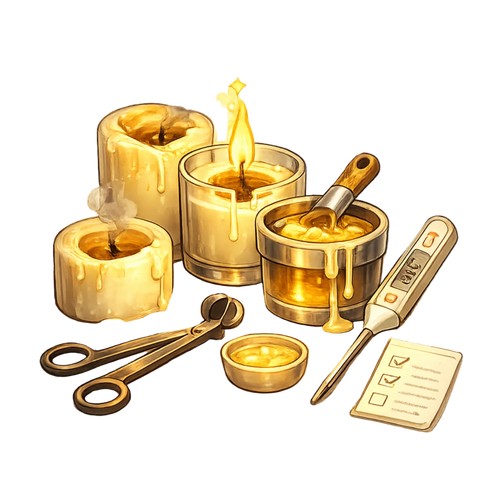 Set of gold candles, tins, and tools on a white background