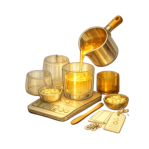 Illustration of a gold pot pouring liquid into glasses with a scale and other items on a white background