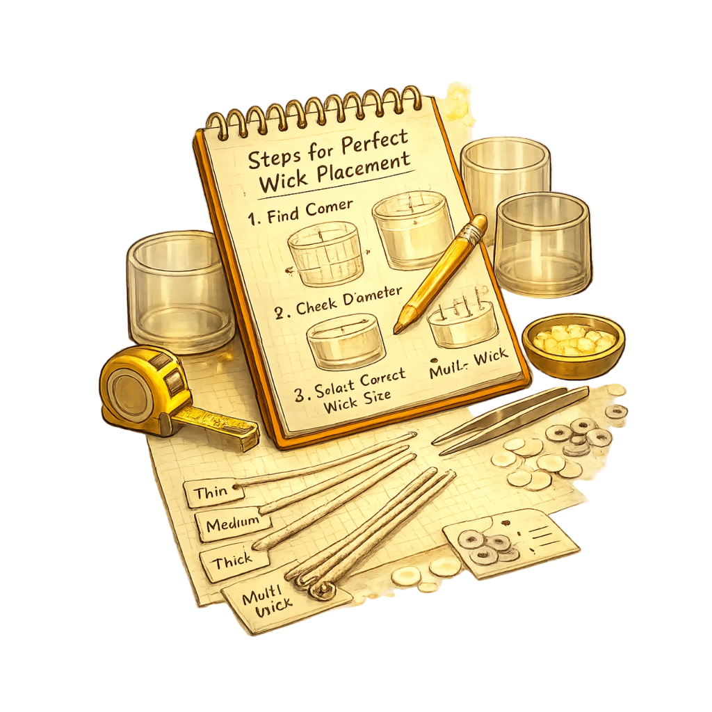 Illustration of a notebook with wick placement instructions surrounded by candle-making tools on a white background.