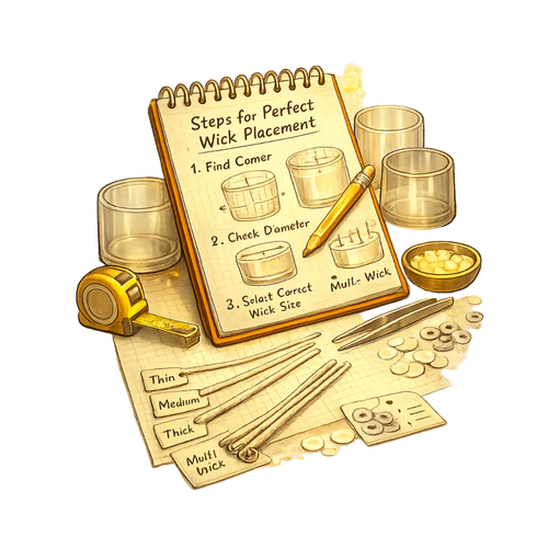 Illustration of a notebook with wick placement instructions surrounded by candle-making tools on a white background.