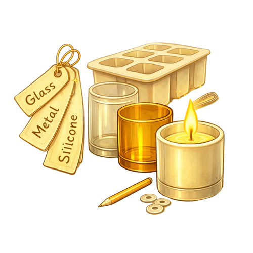 Illustration of candle-making supplies including molds, containers, and a lit candle on a white background.