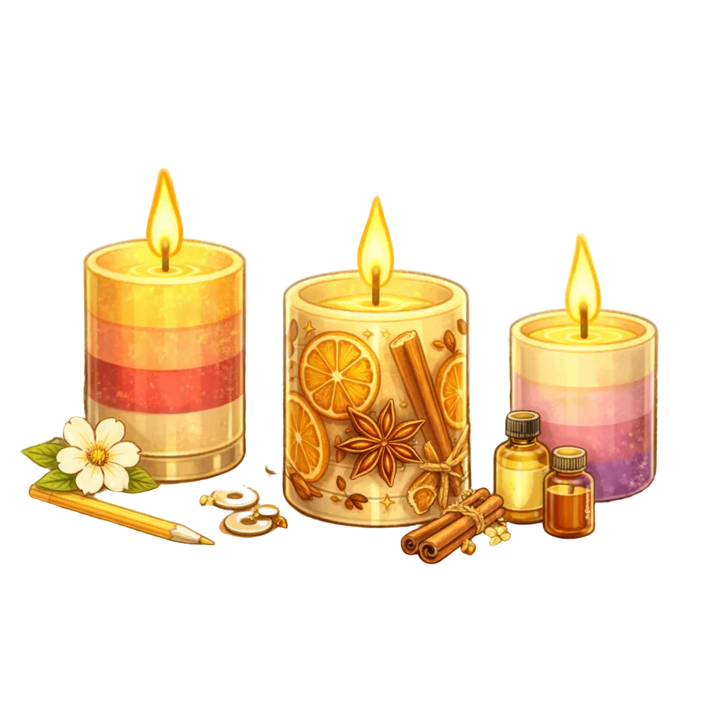 Three lit candles with decorative elements on a white background