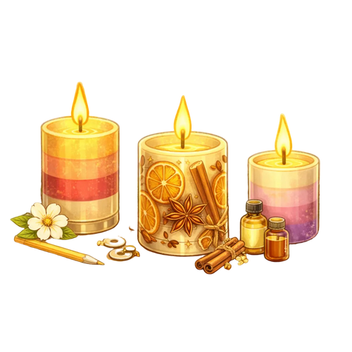 Three lit candles with decorative elements on a white background