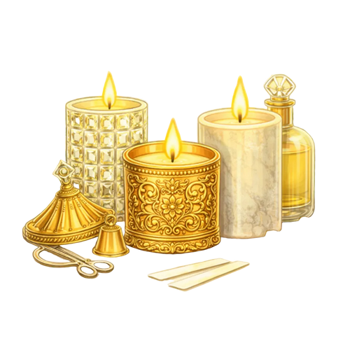 Decorative arrangement with candles, a bottle, and other items on a light background