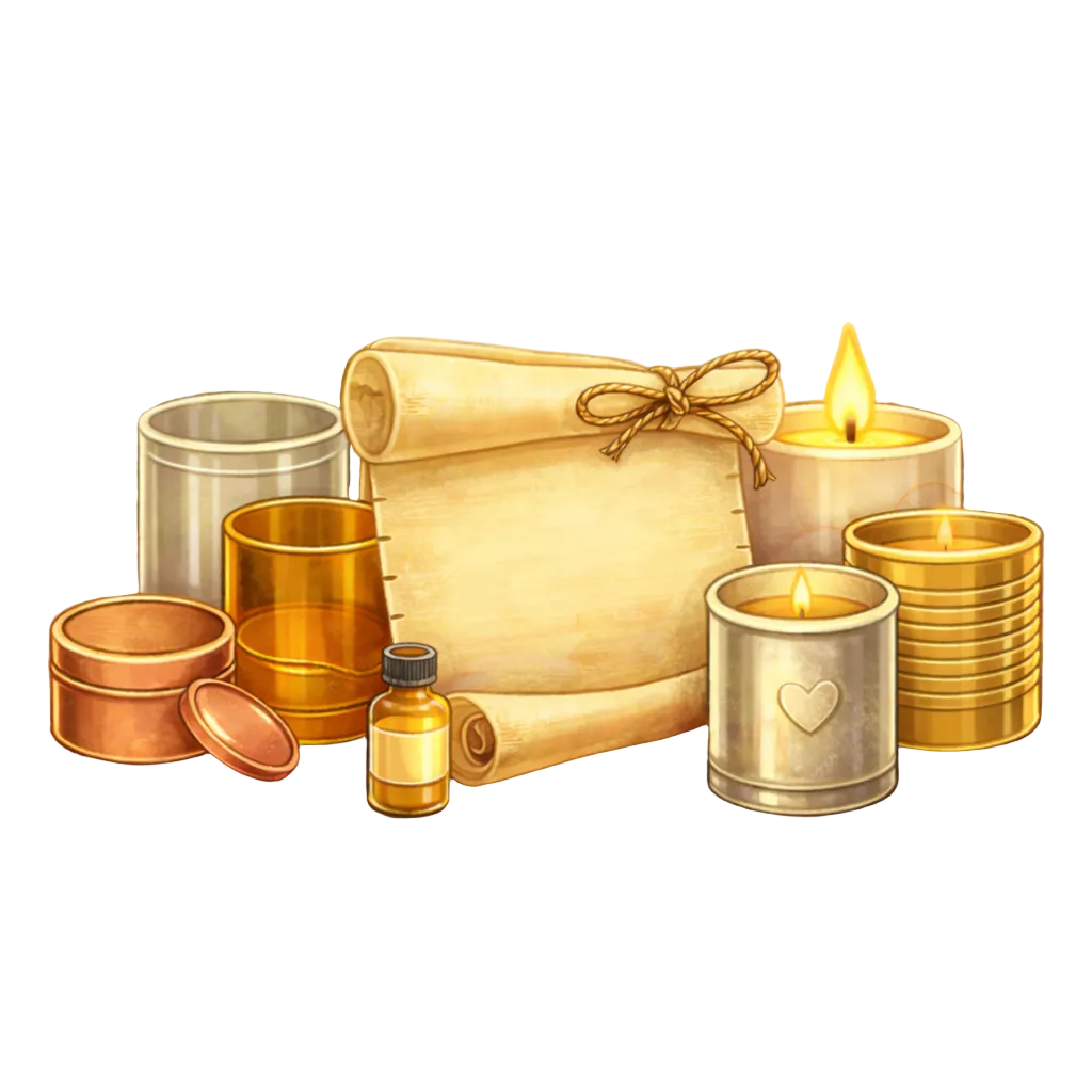 Illustration of candles, bottles, and a scroll with a heart symbol on a white background