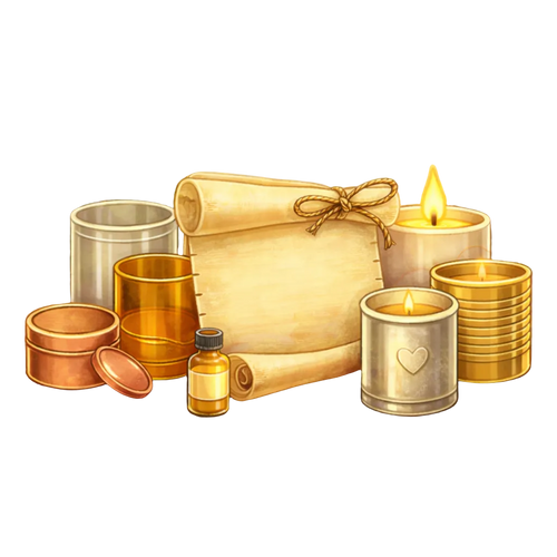Illustration of candles, bottles, and a scroll with a heart symbol on a white background