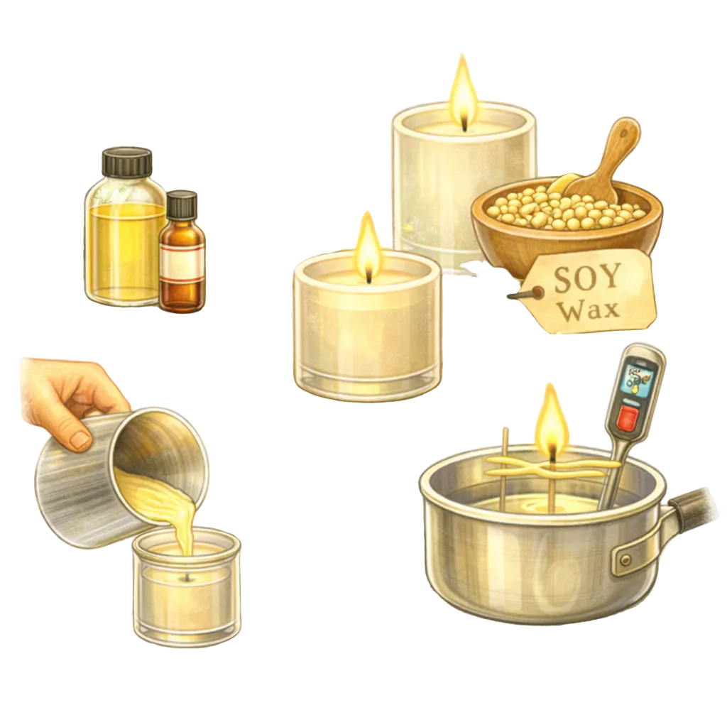 Illustration of soy wax candles and ingredients with a thermometer.