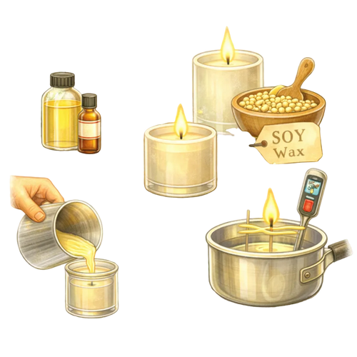Illustration of soy wax candles and ingredients with a thermometer.