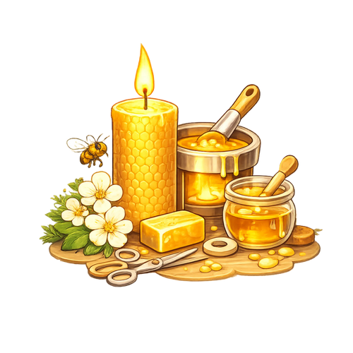 Illustration of honey products including a candle, jar, and honeycomb on a white background.