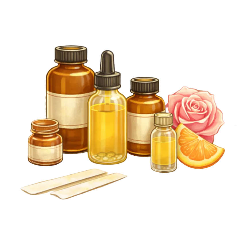 Illustration of various essential oil bottles with flowers and herbs on a white background