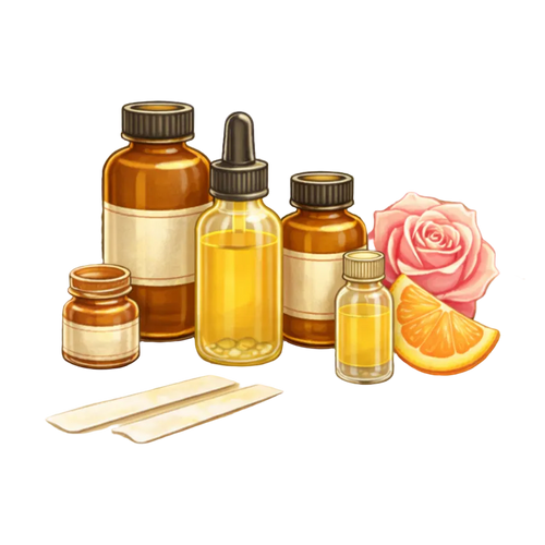 Illustration of various essential oil bottles with flowers and herbs on a white background